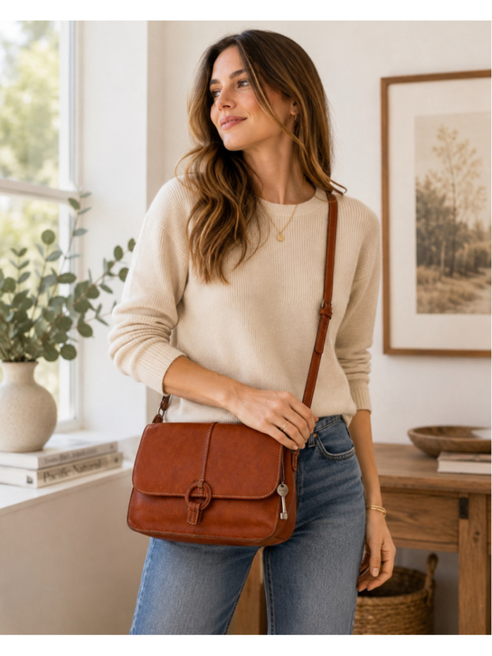 Fossil 1954 Brown Genuine Leather Flap Crossbody Shoulder Bag Vintage Key